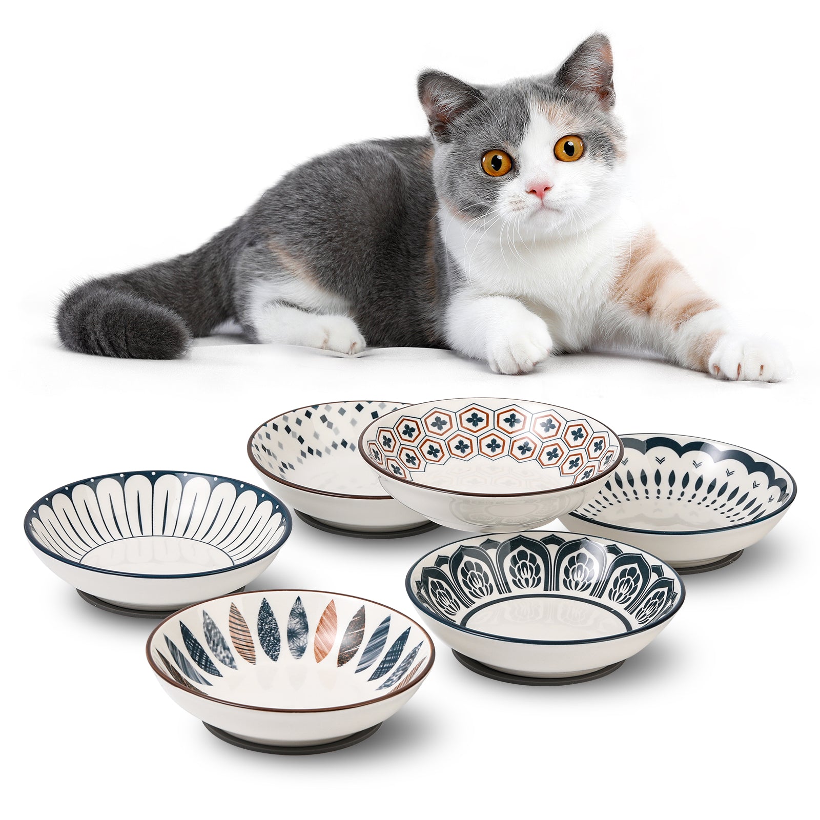 Small Ceramic Cat Food Bowl - Wide Shallow Cat Bowl with Non-Slip Mat - Whisker Friendly Cat Feeding Bowls - Japanese Style Cute Cat Dish - Cat Plates - Set of 6 - 8.5 oz - 5.75 inch