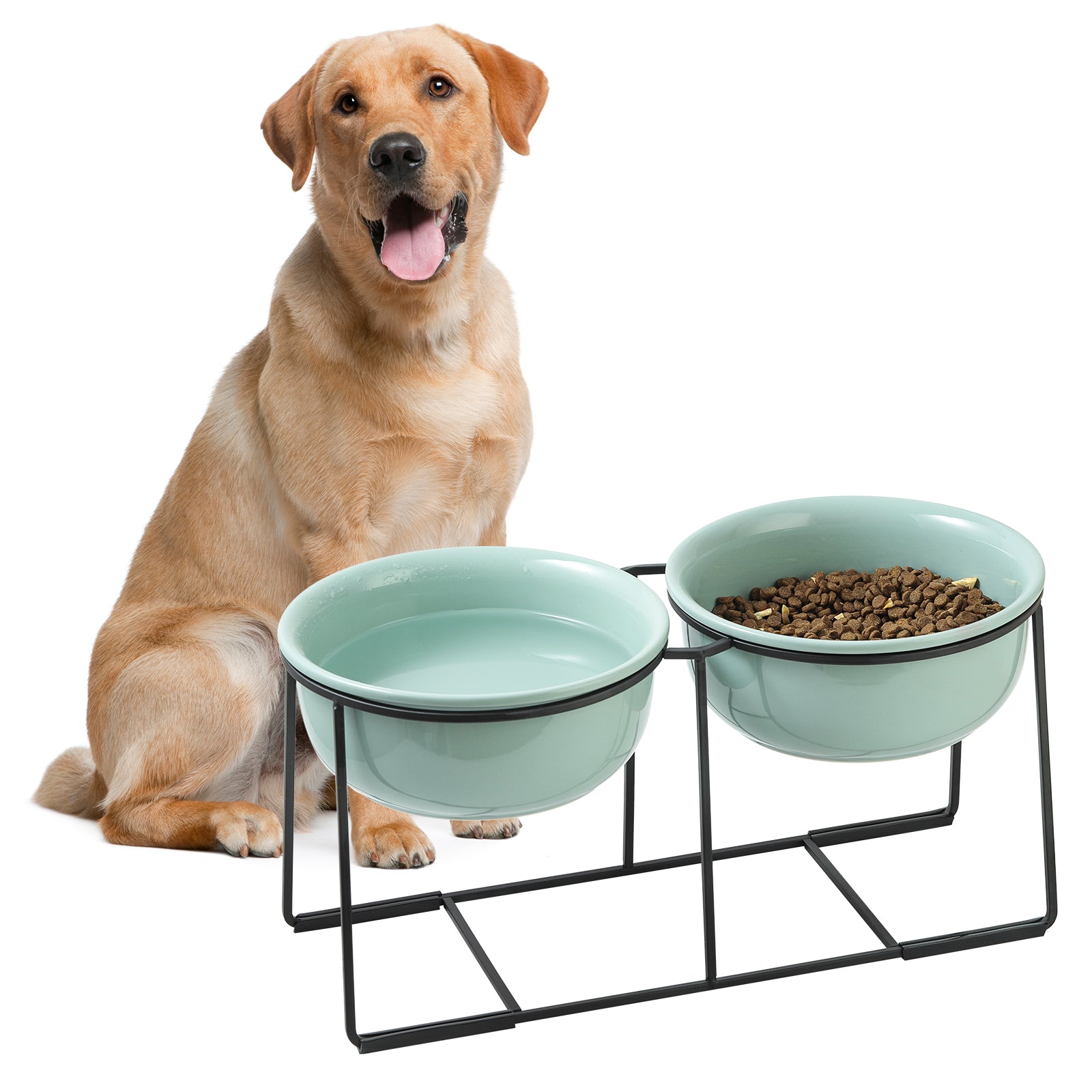 Elevated Large Dog Bowl Set - Raised Dog Food and Water Bowl with Non Slip Stand - Heavy Weighted Double Ceramic Dog Feeding Bowls - Extra Wide Deep Pet Dishes for Medium to Big Dogs