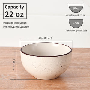 Ceramic Cereal Bowl Soup Bowls - Modern Rustic Porcelain Bowls for Kitchen 22 OZ - 5.5" Wide Deep Bowl Set for Ramen | Oatmeal | Salad | Noodle - Microwave and Dishwasher Safe - 6 Pack - Vanilla White