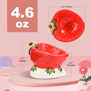Tilted Elevated Cat Food Bowl - Raised Cat Dish Anti Vomiting - Shallow Wide Ceramic Cat Bowl Whisker Friendly - Small Cat Feeding Bowls - Tall Cat Bowl - Strawberry Shaped Cute Kitten Bowl - 4.6 oz