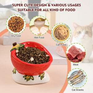 Tilted Elevated Cat Food Bowl - Raised Cat Dish Anti Vomiting - Shallow Wide Ceramic Cat Bowl Whisker Friendly - Small Cat Feeding Bowls - Tall Cat Bowl - Strawberry Shaped Cute Kitten Bowl - 4.6 oz