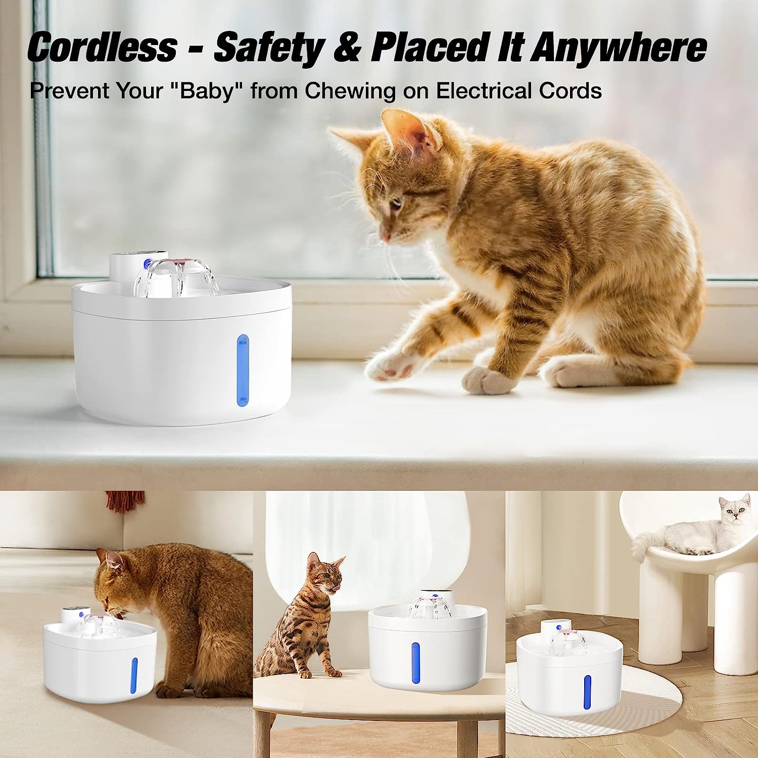 Cat Water Fountain Cordless with 4 Packs Replacement Filters, 2.5L/84oz Automatic Battery Operated Water Fountain for Cats Inside