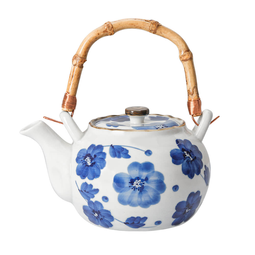 Japanese porcelain Teapot with Rattan Handle and Stainless Steel Infuser Strainer for Loose Leaf Tea - Blue Floral Pattern (750 ml)