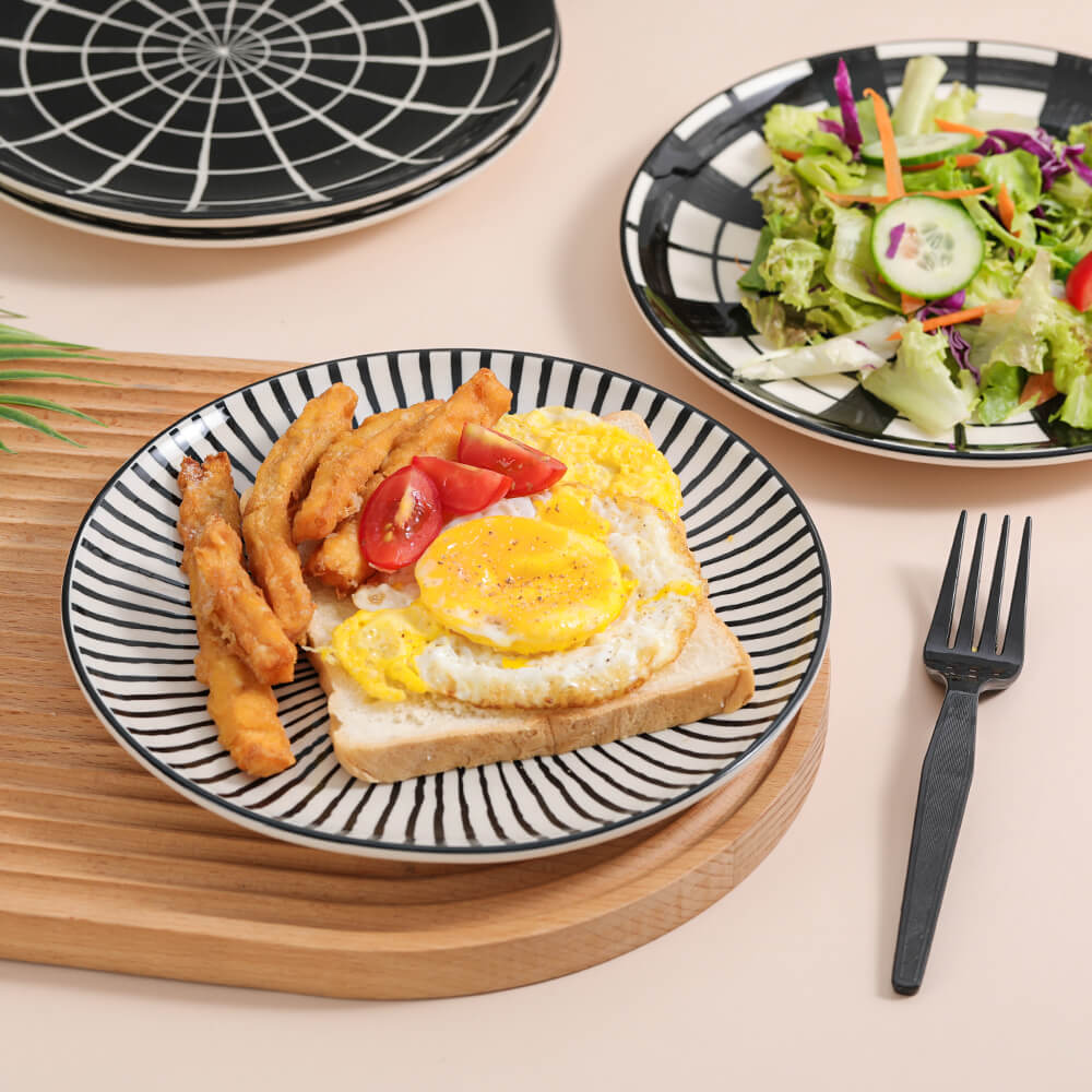 Black Plate Set 8 Inch - Salad Plates | Dessert Appetizer Plates - Porcelain Lunch Plates - Set of 6 - Dishwasher and Microwave Safe