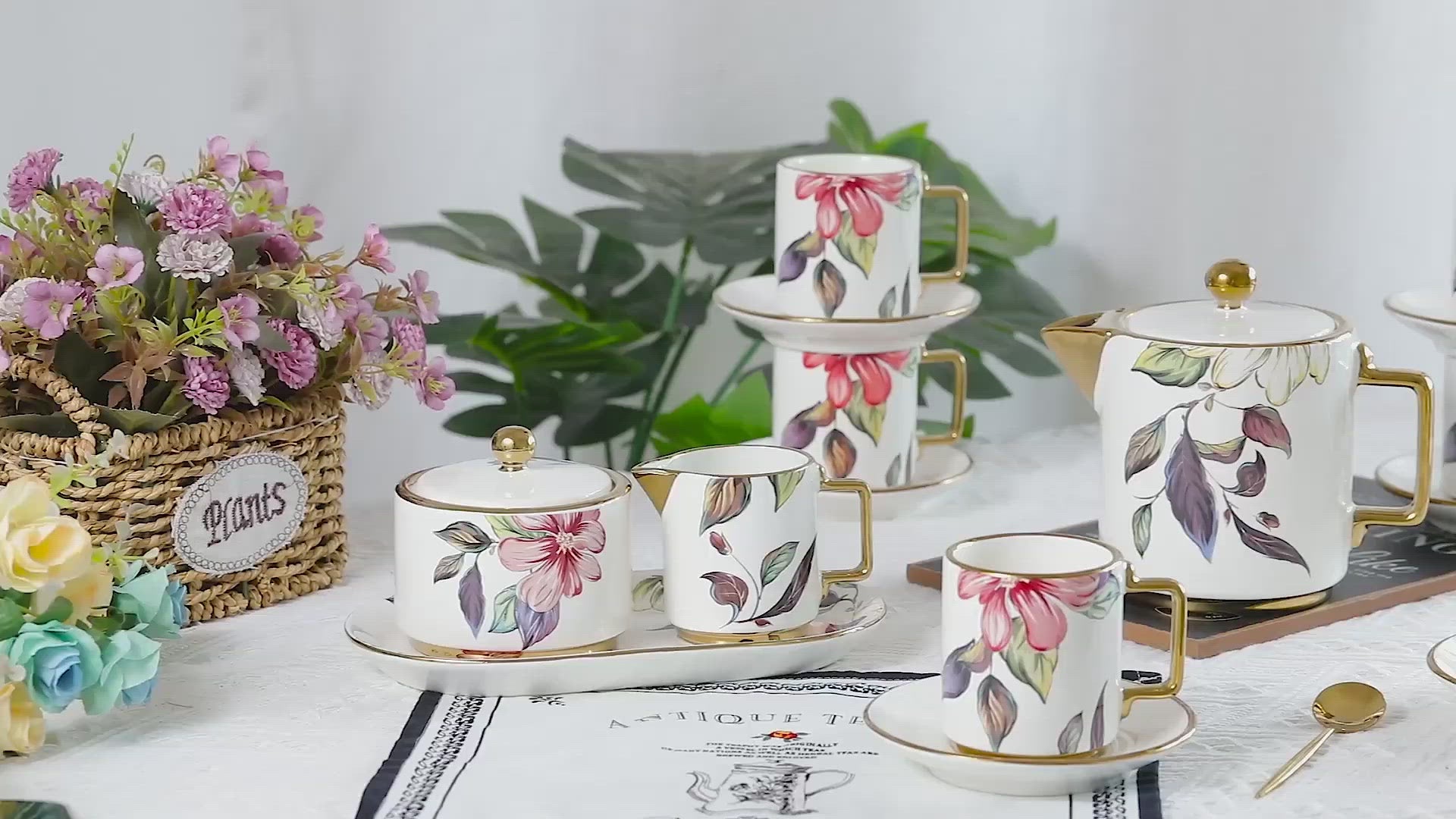 Porcelain Floral Tea Set with Teapot, Cups and saucers, Sugar Bowl and Pitcher 16 Pieces