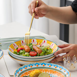 Ceramic Pasta Bowls Salad Bowl 23 oz - Porcelain Wide and Shallow Soup plates Set of 6 - 8 inch